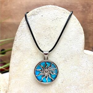 Blue Silver Sunburst Necklace Gardgy sun fashion jewelry boho hippie style